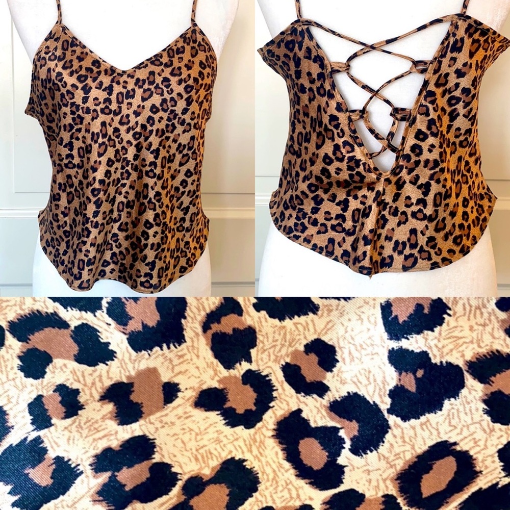 Vintage Silky Satin 70s Leopard Spotted Animal Print Lattice Corset Camisole Top